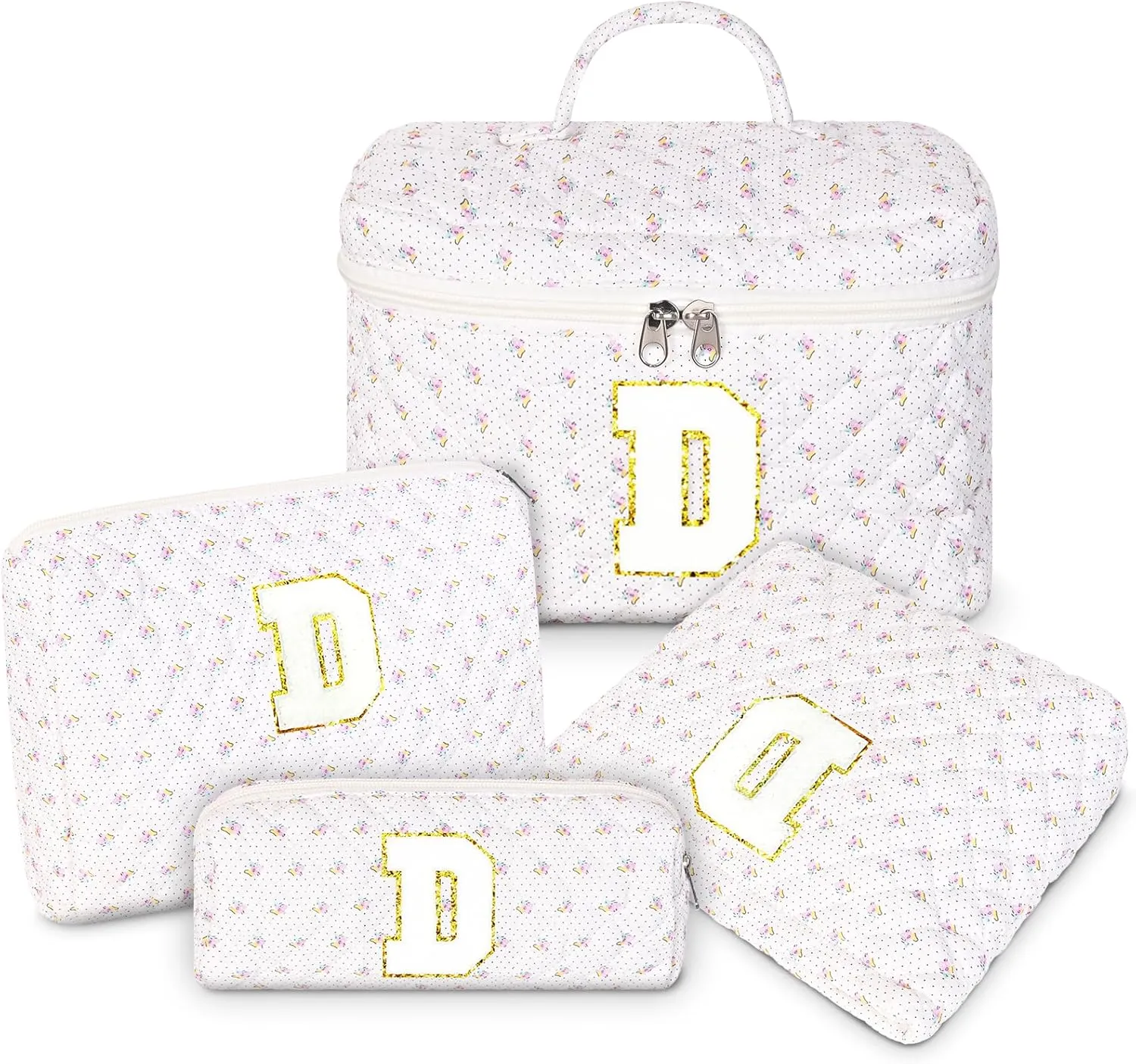 Makeup Bag, 4 Pcs Quilted Makeup Organizer Personalized Initial Gifts for Women Floral Make up Bag Cosmetic Bags Set Travel Toiletry Bag for Girlfriend Teen Girl Gifts Travel Essentials (White D)