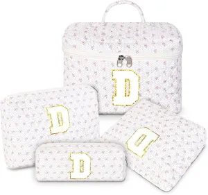 Makeup Bag, 4 Pcs Quilted Makeup Organizer Personalized Initial Gifts for Women Floral Make up Bag Cosmetic Bags Set Travel Toiletry Bag for Girlfriend Teen Girl Gifts Travel Essentials (White D)