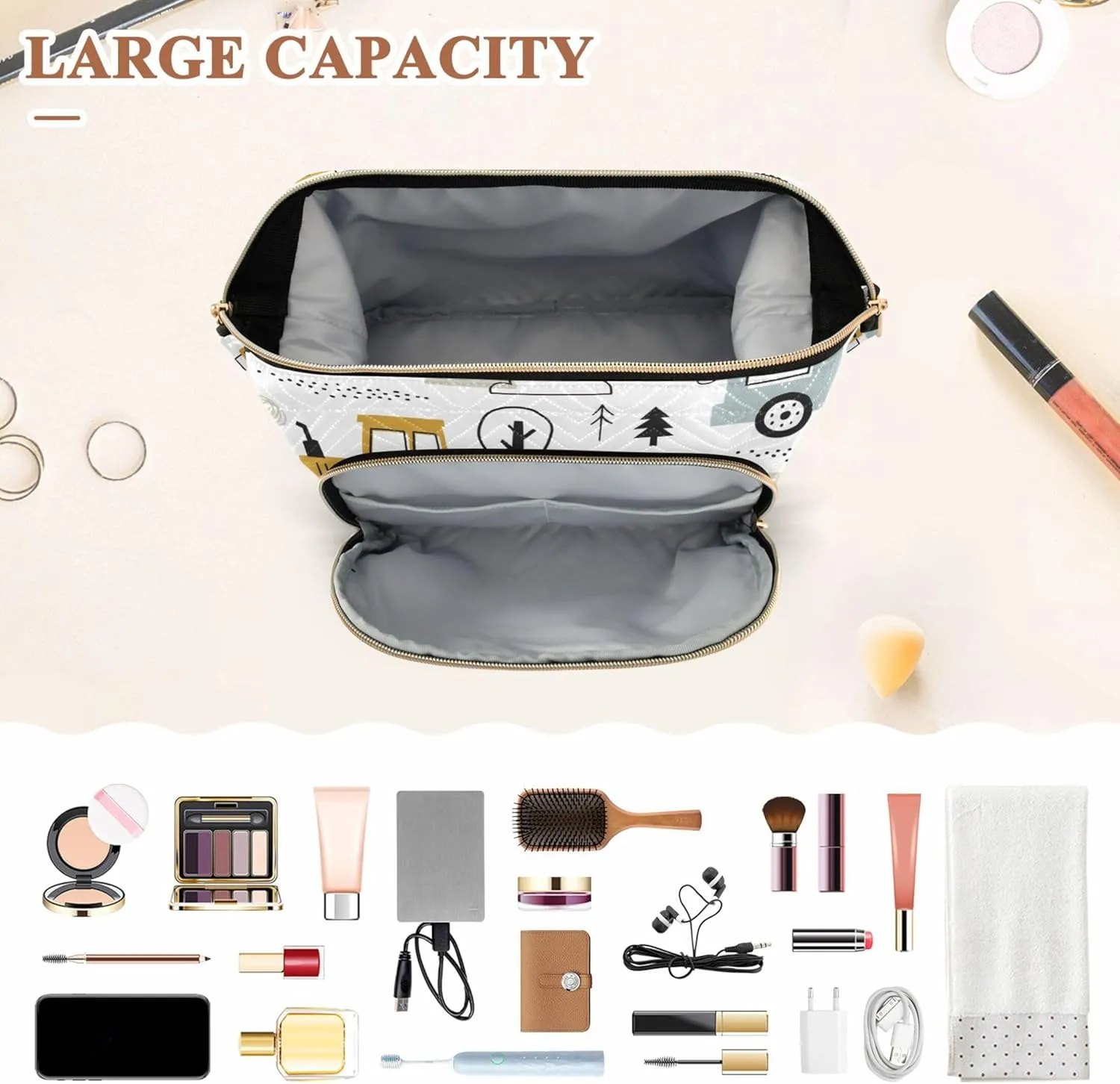 Makeup Bag Cosmetic Bag, Machinery Truck Large Capacity Travel Pouch Makeup Case Organizer for Women Toiletry Bag with Zipper for Ladies Girls