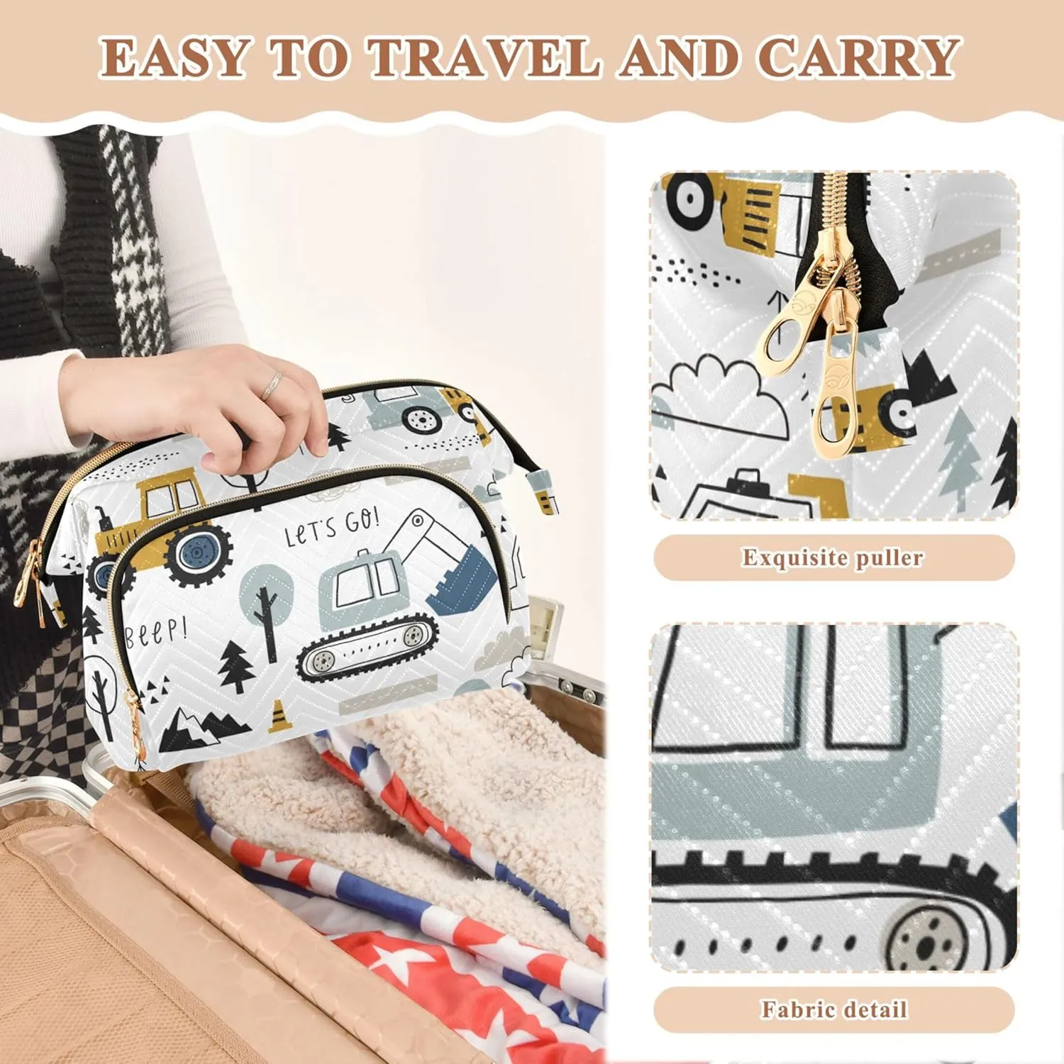 Makeup Bag Cosmetic Bag, Machinery Truck Large Capacity Travel Pouch Makeup Case Organizer for Women Toiletry Bag with Zipper for Ladies Girls