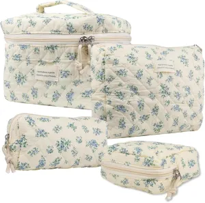 Makeup Bag,4Pcs Quilted Cosmetic Bag,Floral Make Up Bag with Handle & Zipper,Terylene Flower Makeup Bag,Toiletry Bag Organizer for Women