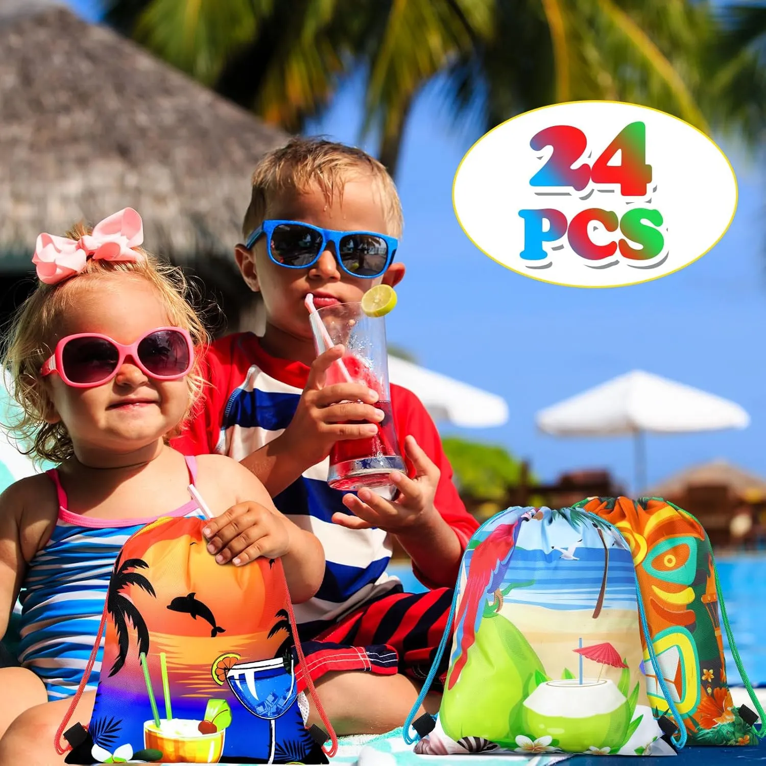 Marsui 24 Pcs Hawaiian Party Favor Drawstring Bags Gift Goodie Candy Favors Bags for Birthday Party Supplies