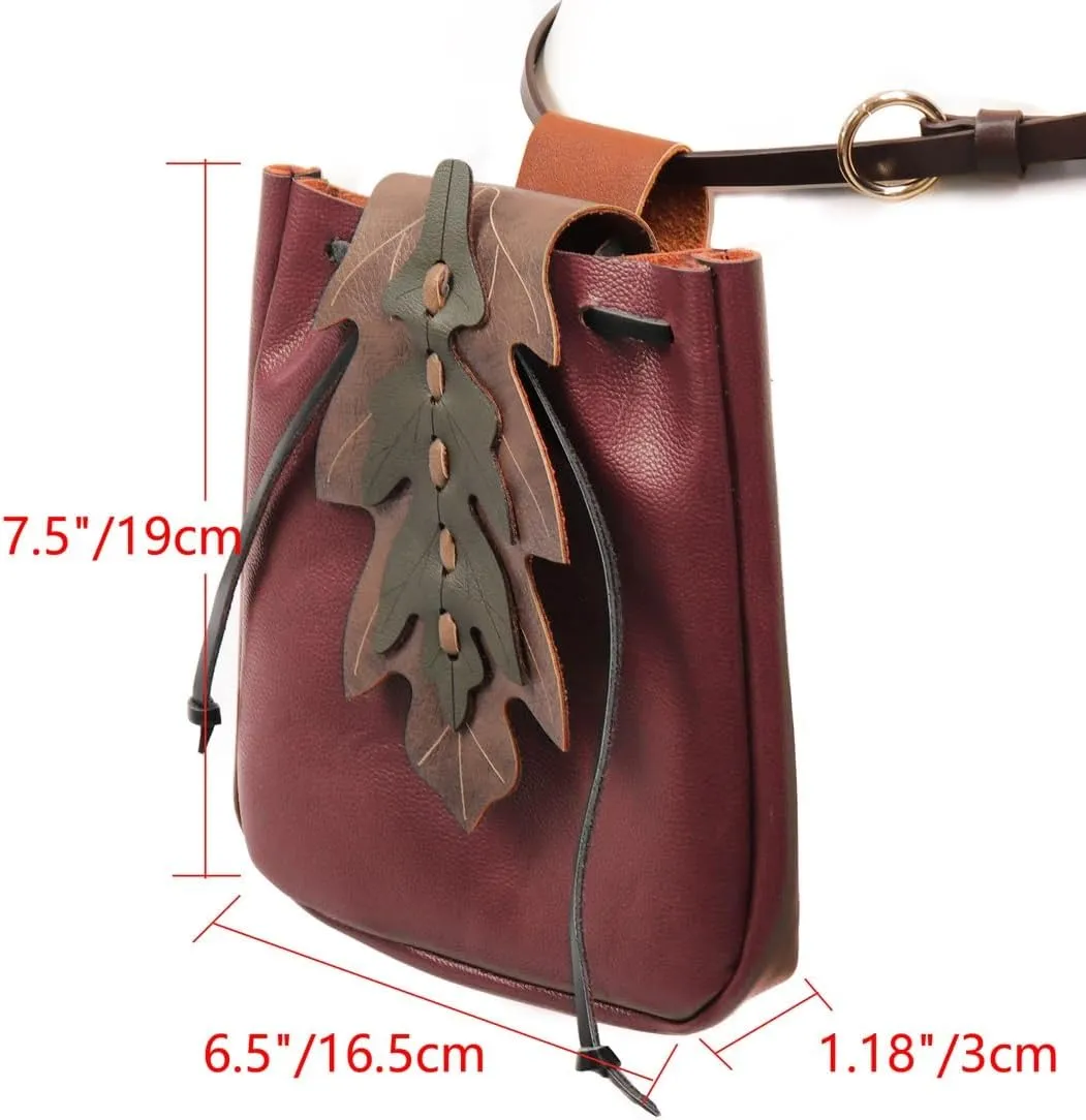 Medieval Belt Pouch Waist Pack Renaissance Drawstring Bag Leaf Shape for ELF Costume