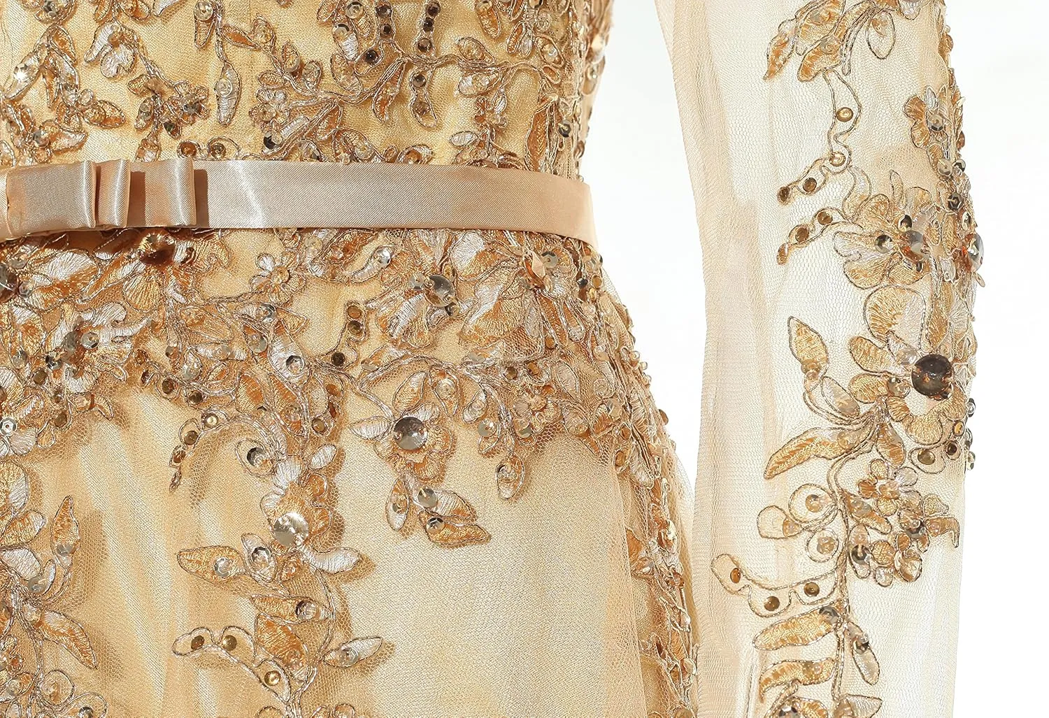 Meier Women's Illusion Long Sleeve Embroidery Prom Formal Dress