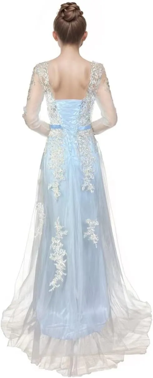 Meier Women's Illusion Long Sleeve Embroidery Prom Formal Dress