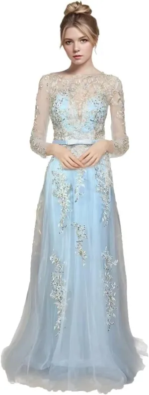 Meier Women's Illusion Long Sleeve Embroidery Prom Formal Dress