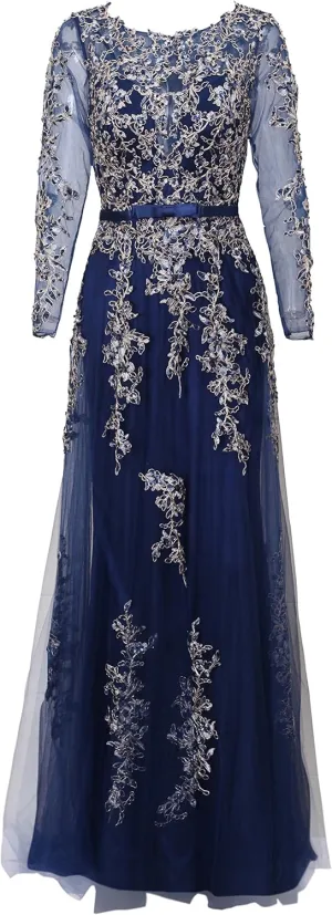 Meier Women's Illusion Long Sleeve Embroidery Prom Formal Dress
