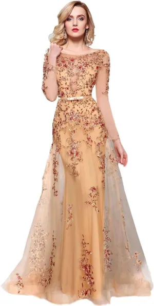 Meier Women's Illusion Long Sleeve Embroidery Prom Formal Dress
