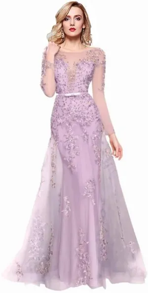 Meier Women's Illusion Long Sleeve Embroidery Prom Formal Dress