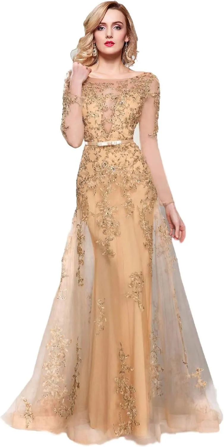Meier Women's Illusion Long Sleeve Embroidery Prom Formal Dress