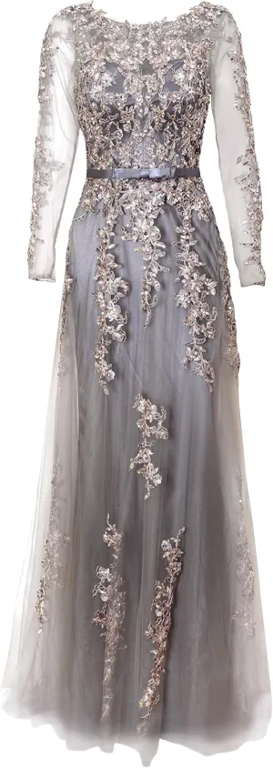 Meier Women's Illusion Long Sleeve Embroidery Prom Formal Dress