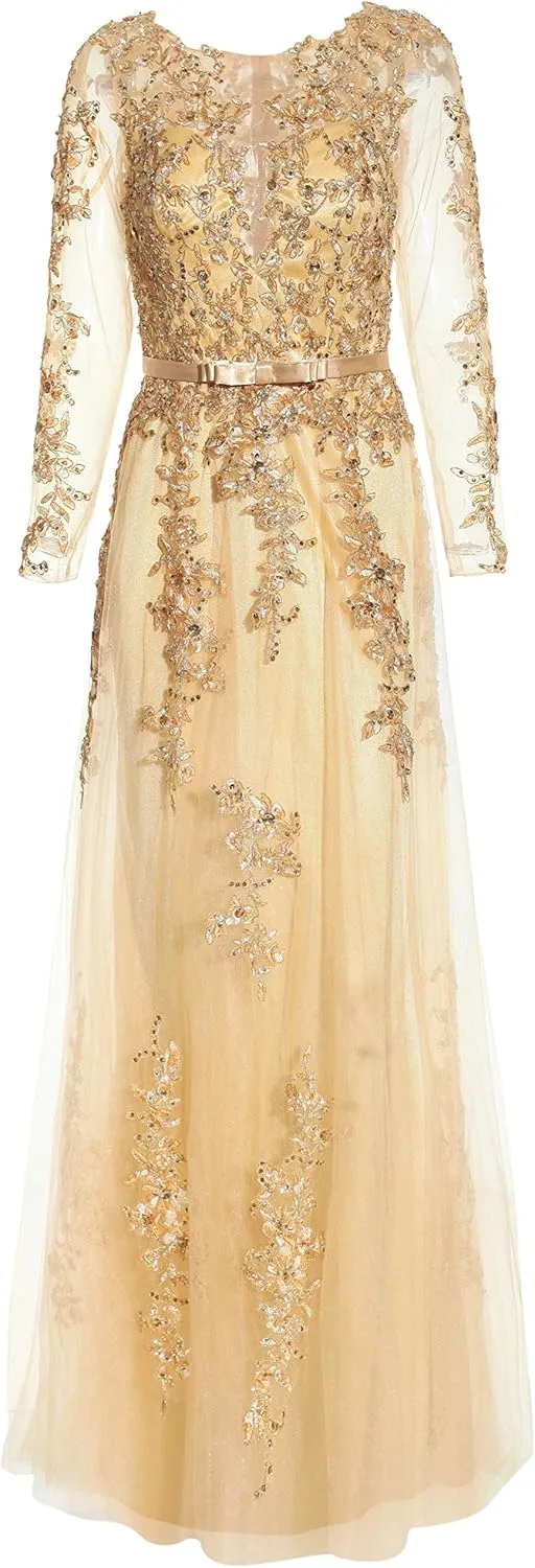 Meier Women's Illusion Long Sleeve Embroidery Prom Formal Dress