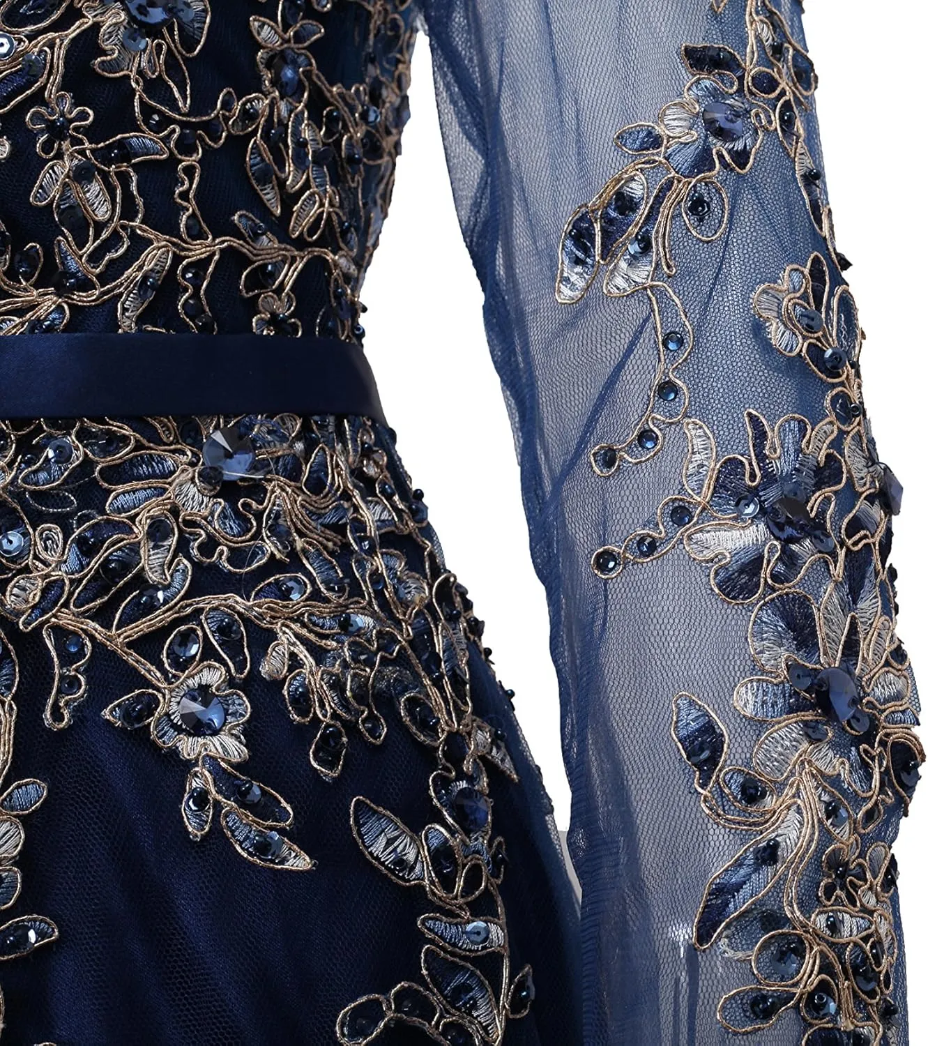 Meier Women's Illusion Long Sleeve Embroidery Prom Formal Dress
