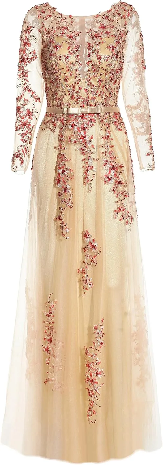 Meier Women's Illusion Long Sleeve Embroidery Prom Formal Dress