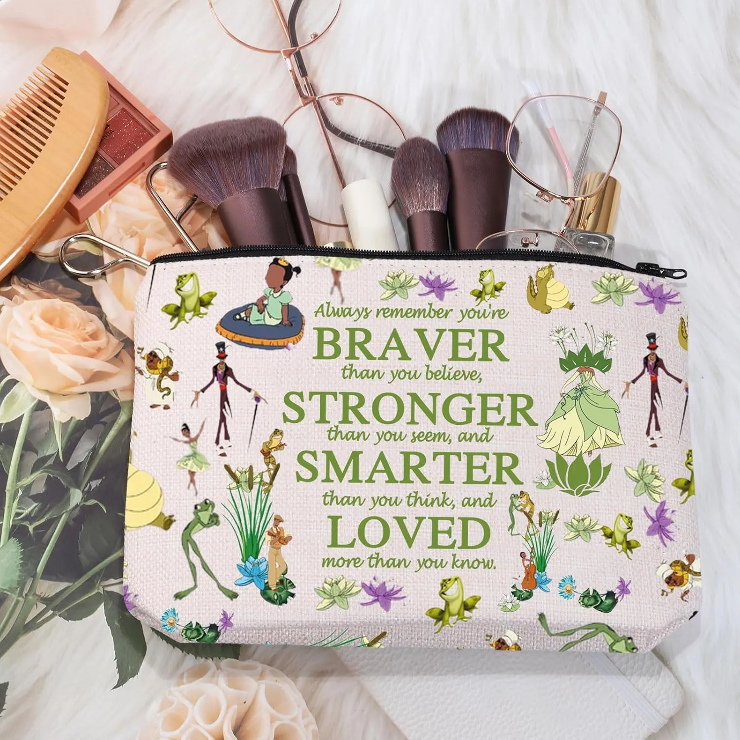 MEIKIUP Frog Makeup Bag Frog Travel Cosmetic Bags You are Braver Stronger Smarter Than You Think Zipper Pouch