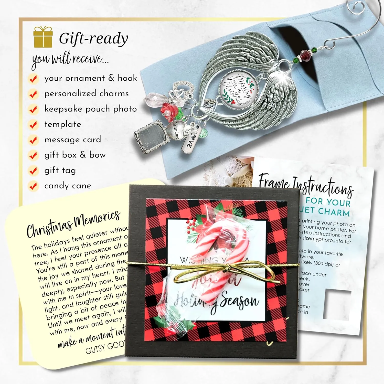 Memorial Christmas Holiday Ornament Angel Wings Personalized with Picture Photo Frame Missing You at Christmas Glass Pendant, Customize Family Friend Charms, Metal, Decorative Hook Packaged Gift Ready