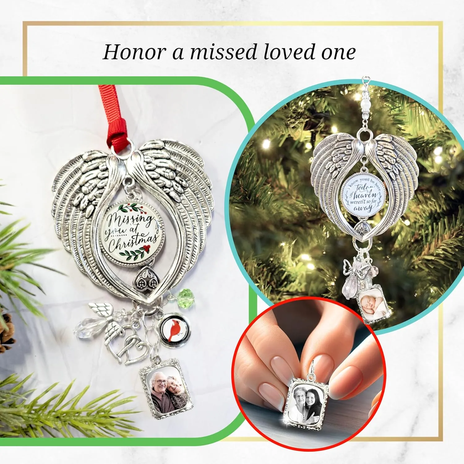 Memorial Christmas Holiday Ornament Angel Wings Personalized with Picture Photo Frame Missing You at Christmas Glass Pendant, Customize Family Friend Charms, Metal, Decorative Hook Packaged Gift Ready