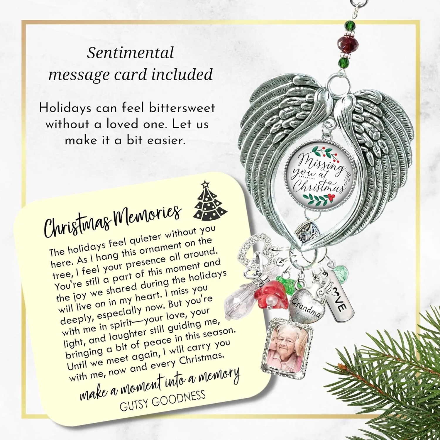 Memorial Christmas Holiday Ornament Angel Wings Personalized with Picture Photo Frame Missing You at Christmas Glass Pendant, Customize Family Friend Charms, Metal, Decorative Hook Packaged Gift Ready