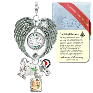 Memorial Christmas Holiday Ornament Angel Wings Personalized with Picture Photo Frame Missing You at Christmas Glass Pendant, Customize Family Friend Charms, Metal, Decorative Hook Packaged Gift Ready