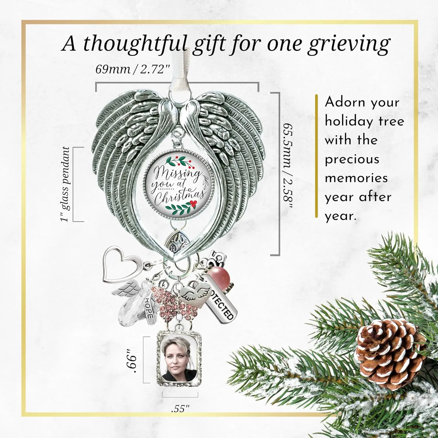 Memorial Christmas Holiday Ornament Angel Wings Personalized with Picture Photo Frame Missing You at Christmas Glass Pendant, Customize Family Friend Charms, Metal, Decorative Hook Packaged Gift Ready