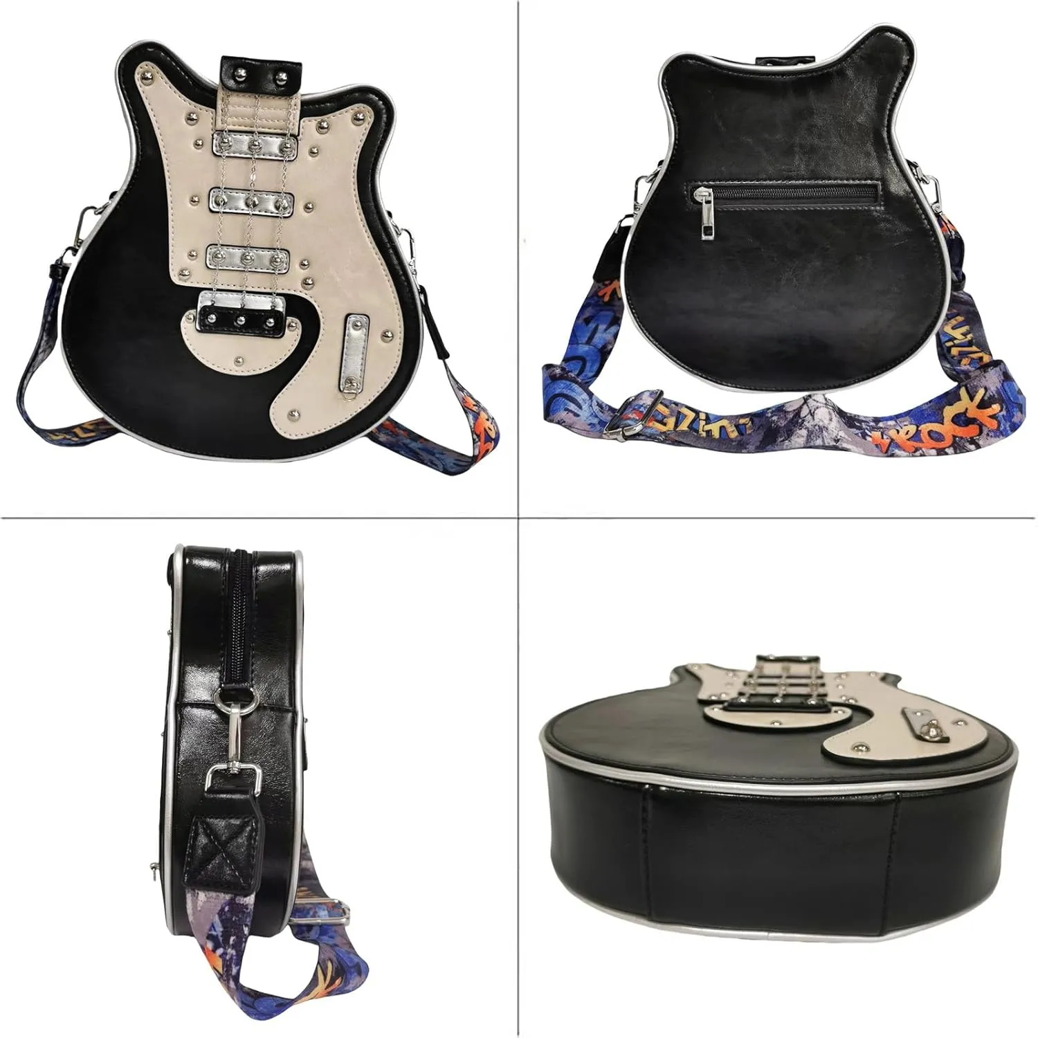 Men and Women Guitar Shaped Crossbody Shoulder Bag PU Leather Unique Novelty Guitar Purse