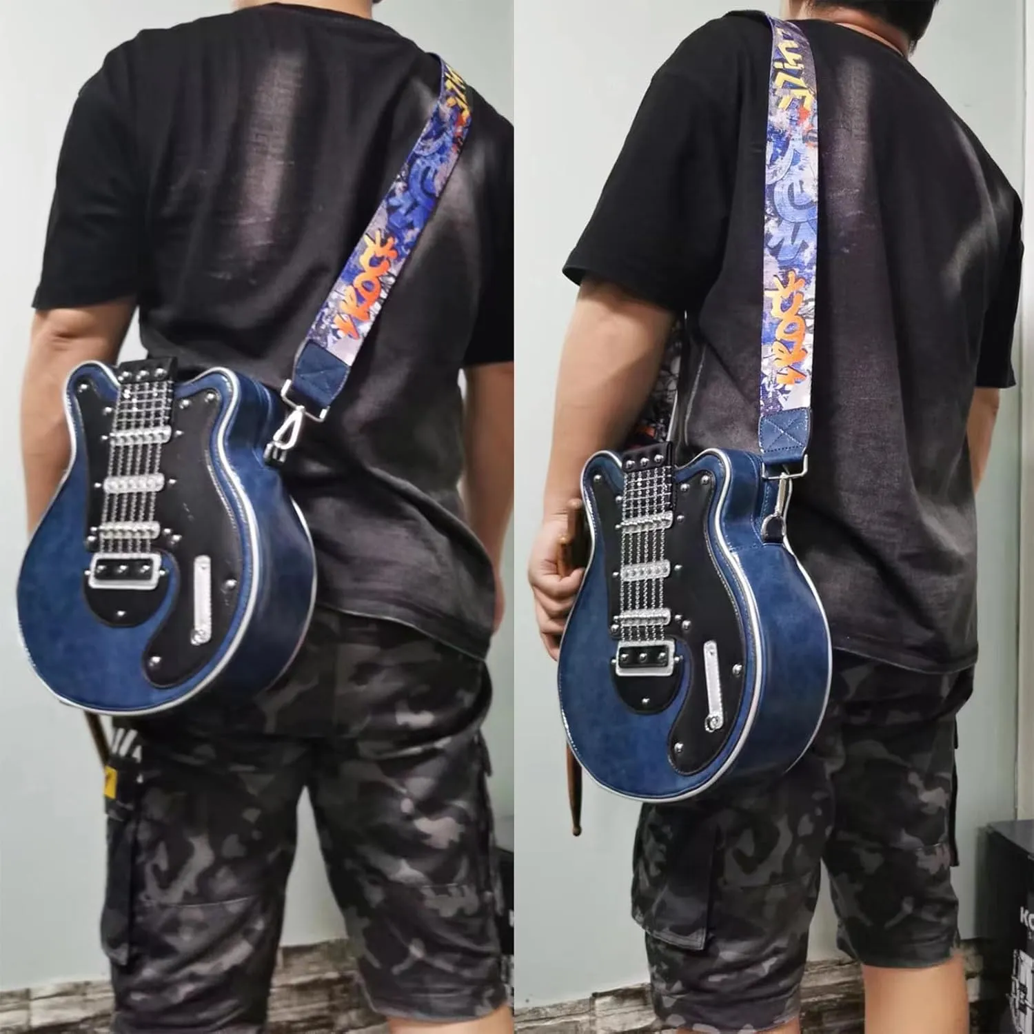 Men and Women Guitar Shaped Crossbody Shoulder Bag PU Leather Unique Novelty Guitar Purse