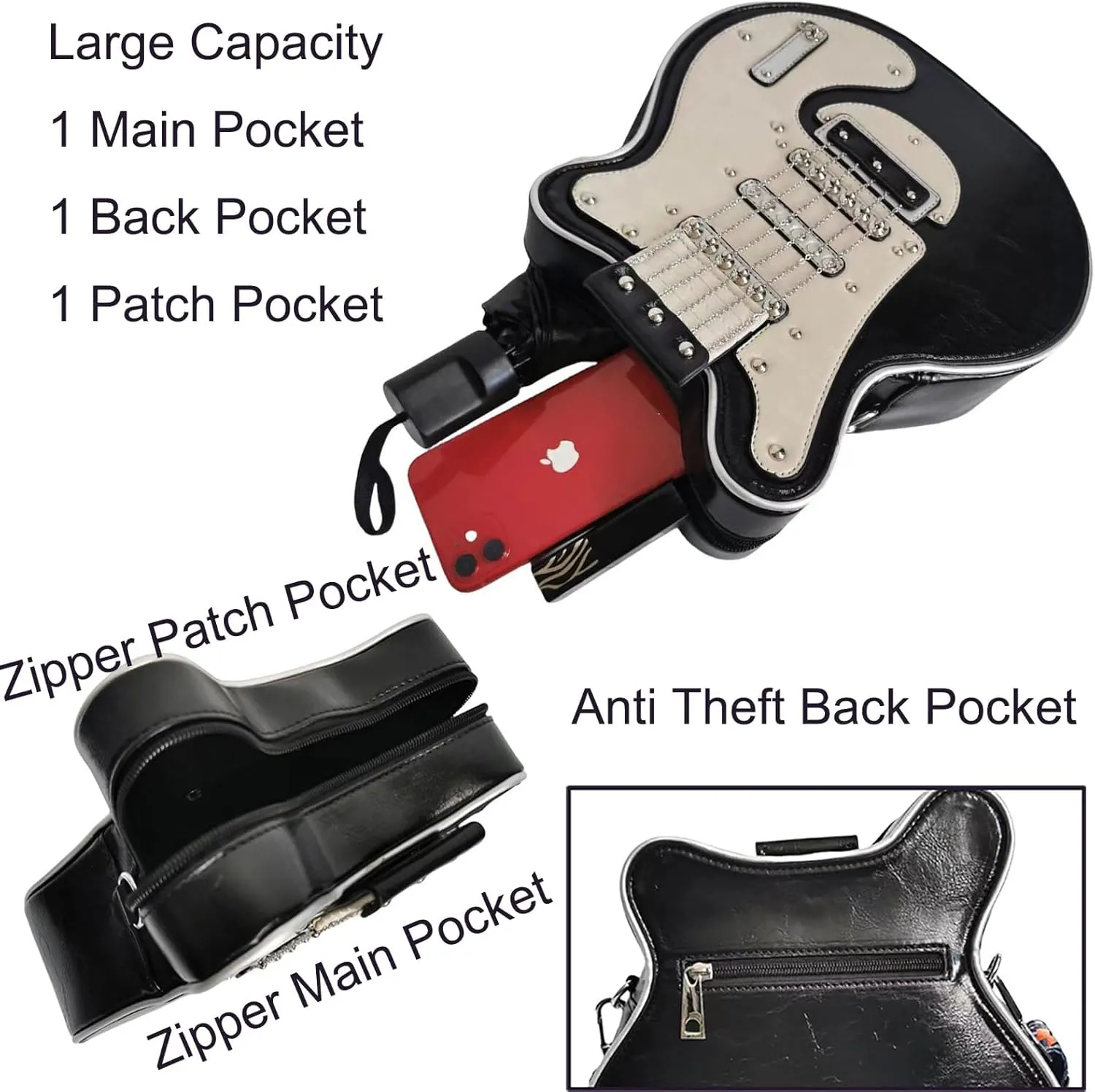 Men and Women Guitar Shaped Crossbody Shoulder Bag PU Leather Unique Novelty Guitar Purse