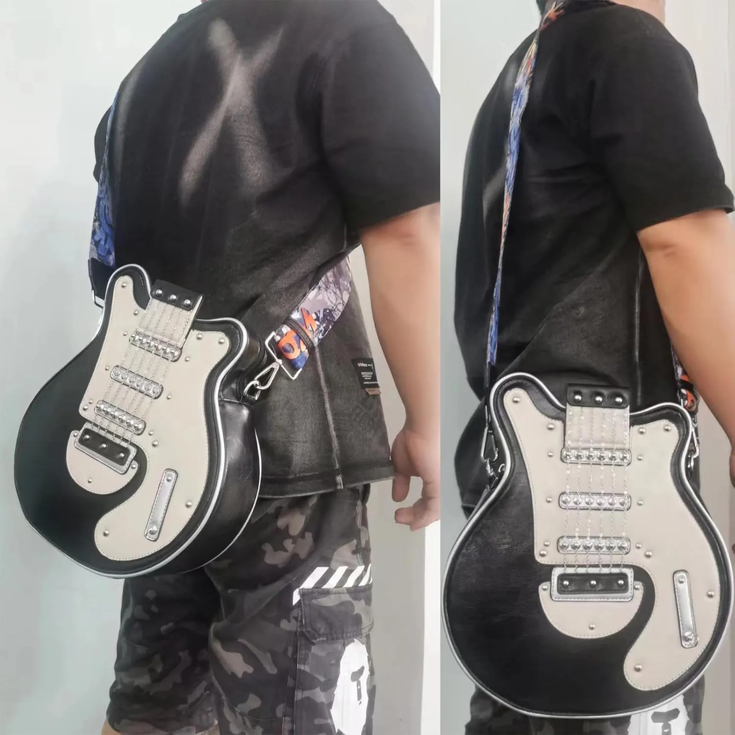Men and Women Guitar Shaped Crossbody Shoulder Bag PU Leather Unique Novelty Guitar Purse