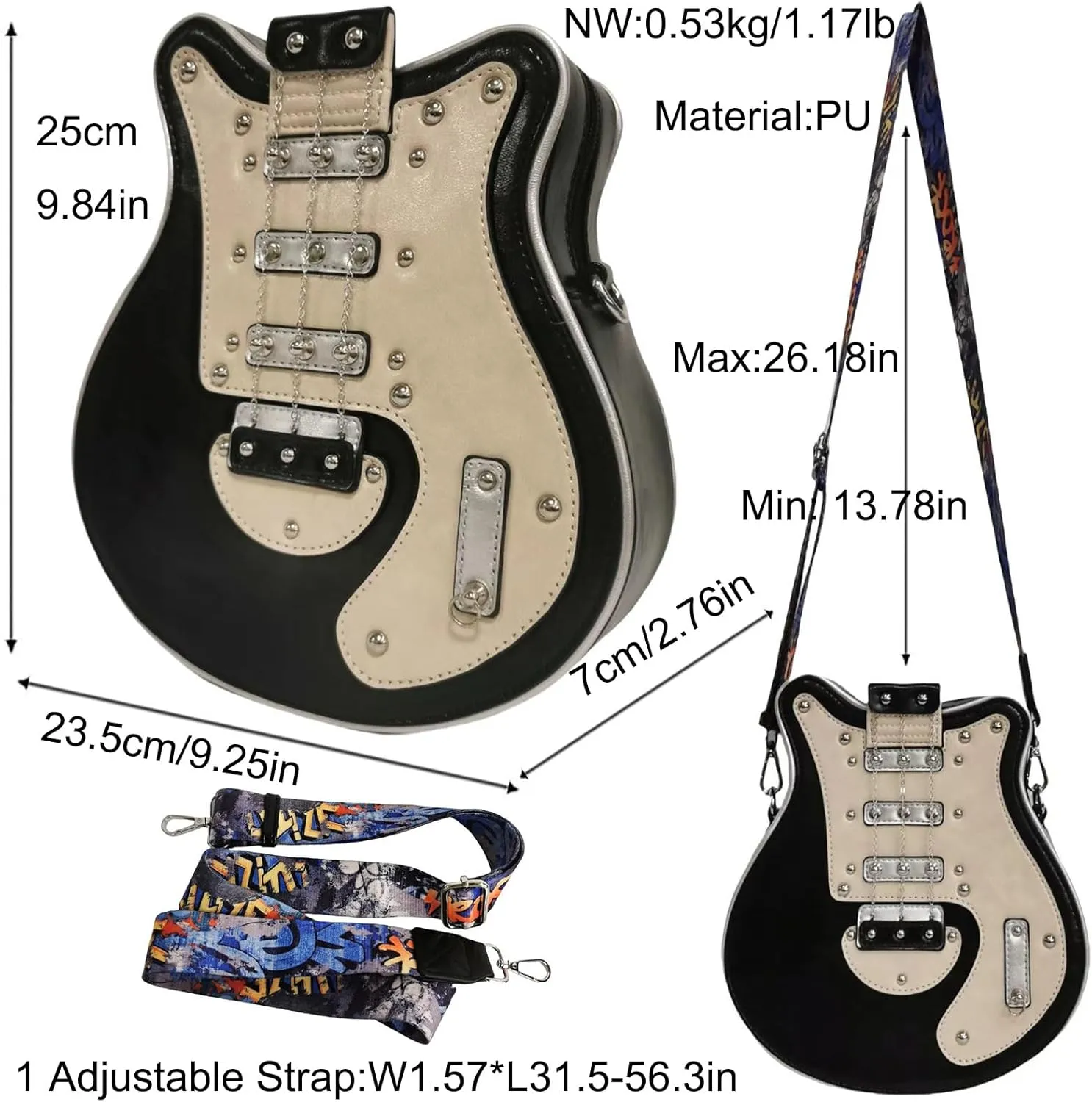 Men and Women Guitar Shaped Crossbody Shoulder Bag PU Leather Unique Novelty Guitar Purse