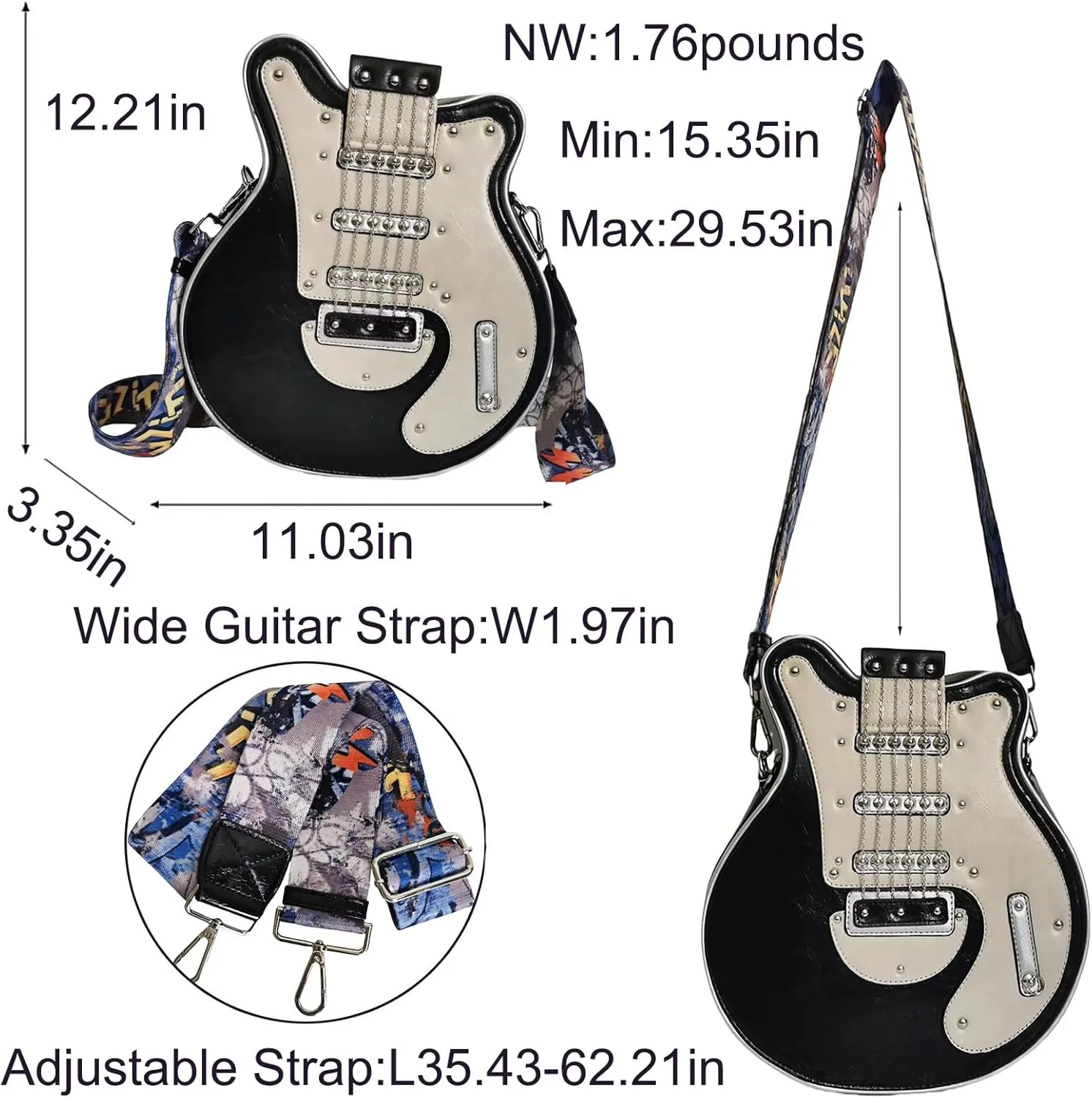 Men and Women Guitar Shaped Crossbody Shoulder Bag PU Leather Unique Novelty Guitar Purse