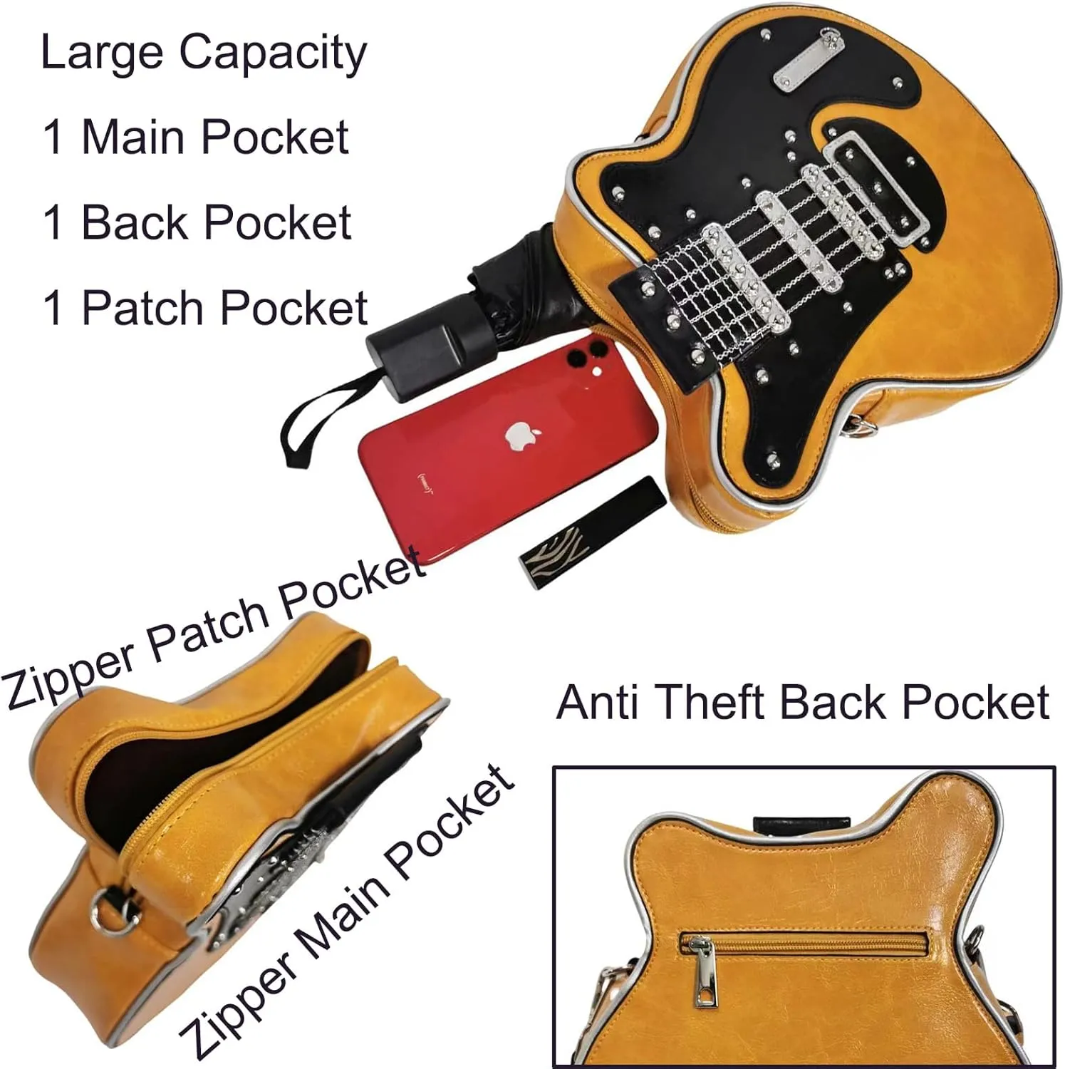 Men and Women Music Guitar Shaped Crossbody Shoulder Bag PU Leather Unique Novelty Guitar Purse