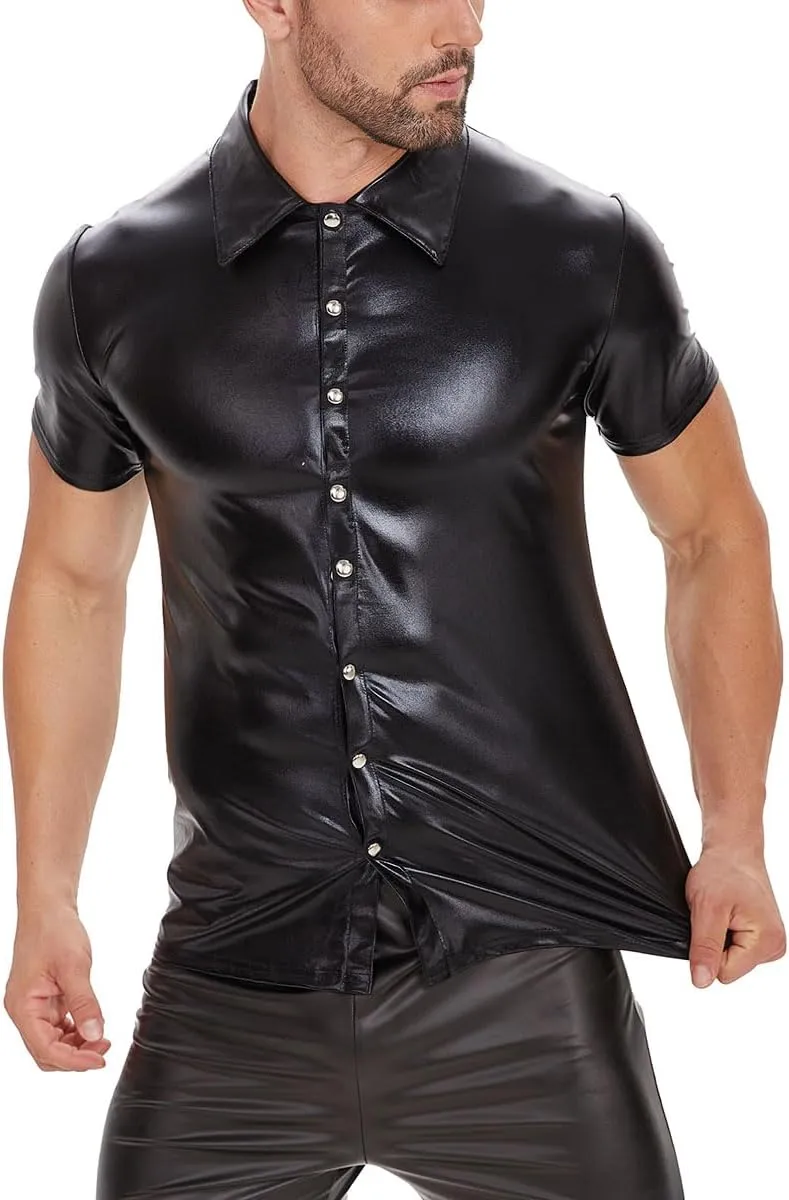 Men Shiny Patent Leather Shirt, Short Sleeve, Plus Size, Sexy Soft Coat for Male, Black