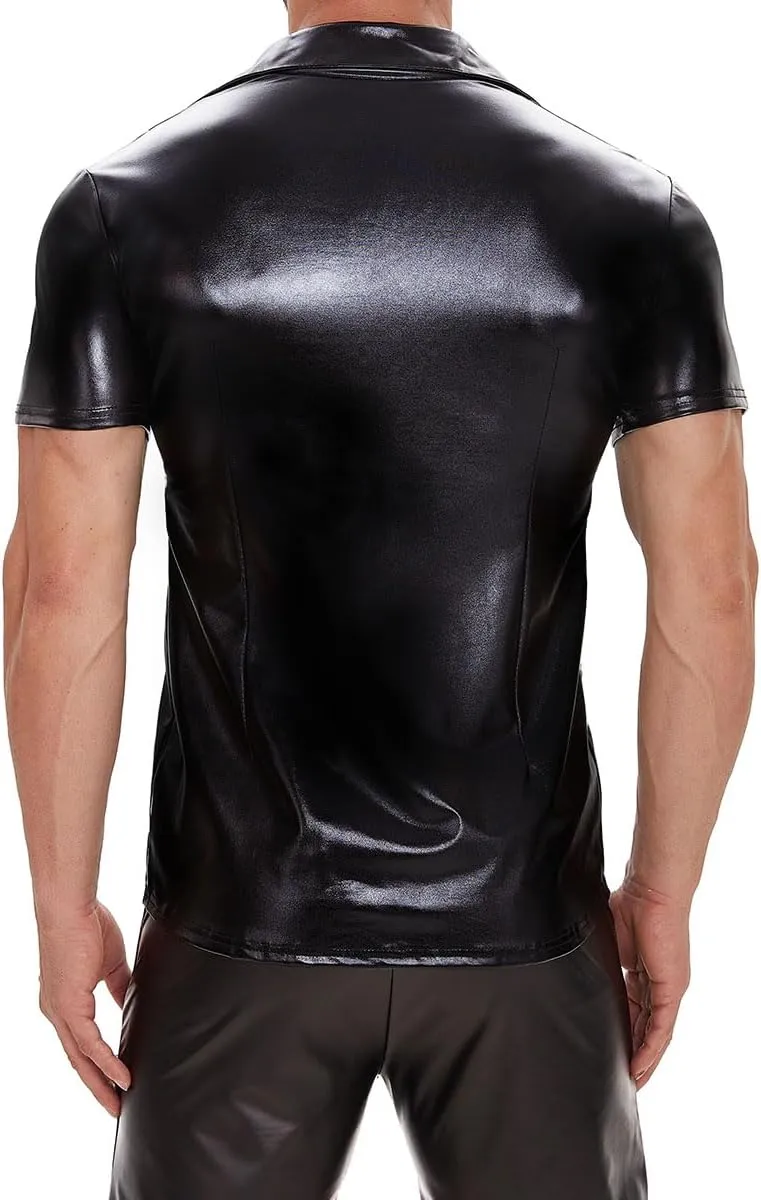 Men Shiny Patent Leather Shirt, Short Sleeve, Plus Size, Sexy Soft Coat for Male, Black