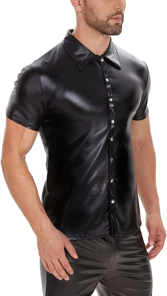 Men Shiny Patent Leather Shirt, Short Sleeve, Plus Size, Sexy Soft Coat for Male, Black