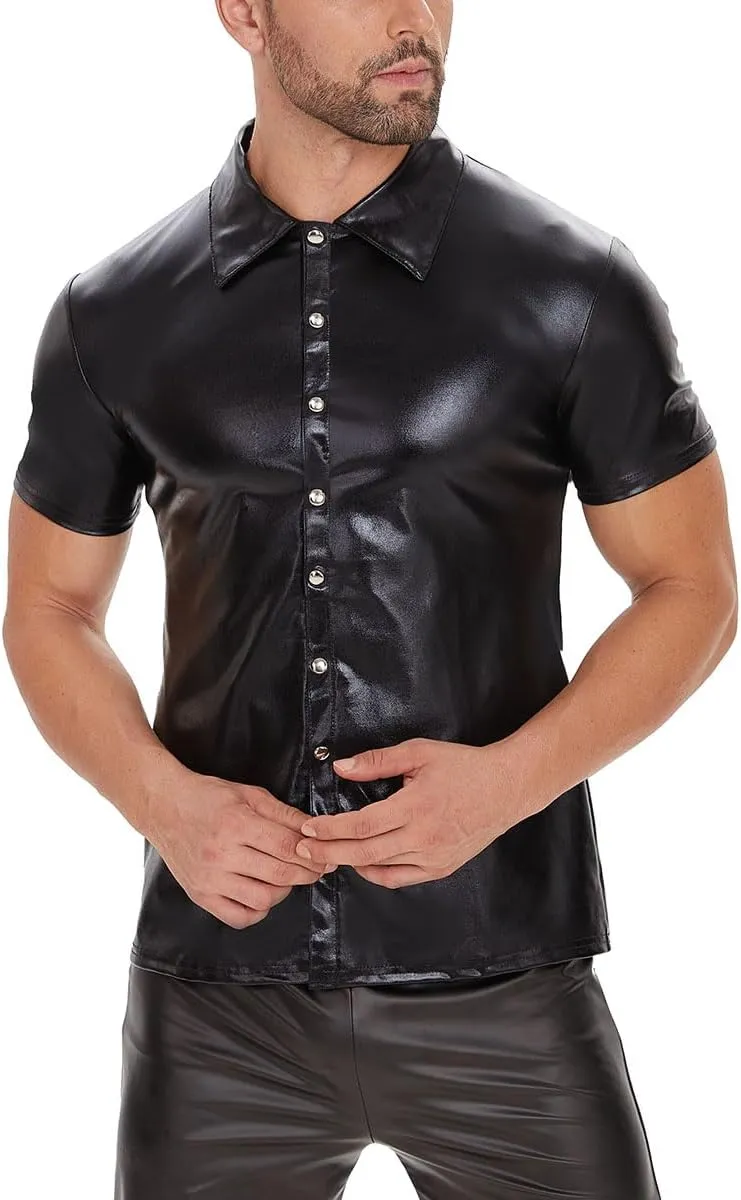 Men Shiny Patent Leather Shirt, Short Sleeve, Plus Size, Sexy Soft Coat for Male, Black