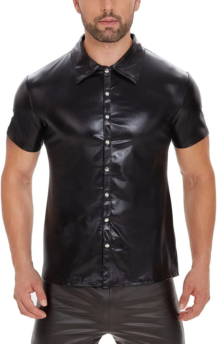 Men Shiny Patent Leather Shirt, Short Sleeve, Plus Size, Sexy Soft Coat for Male, Black