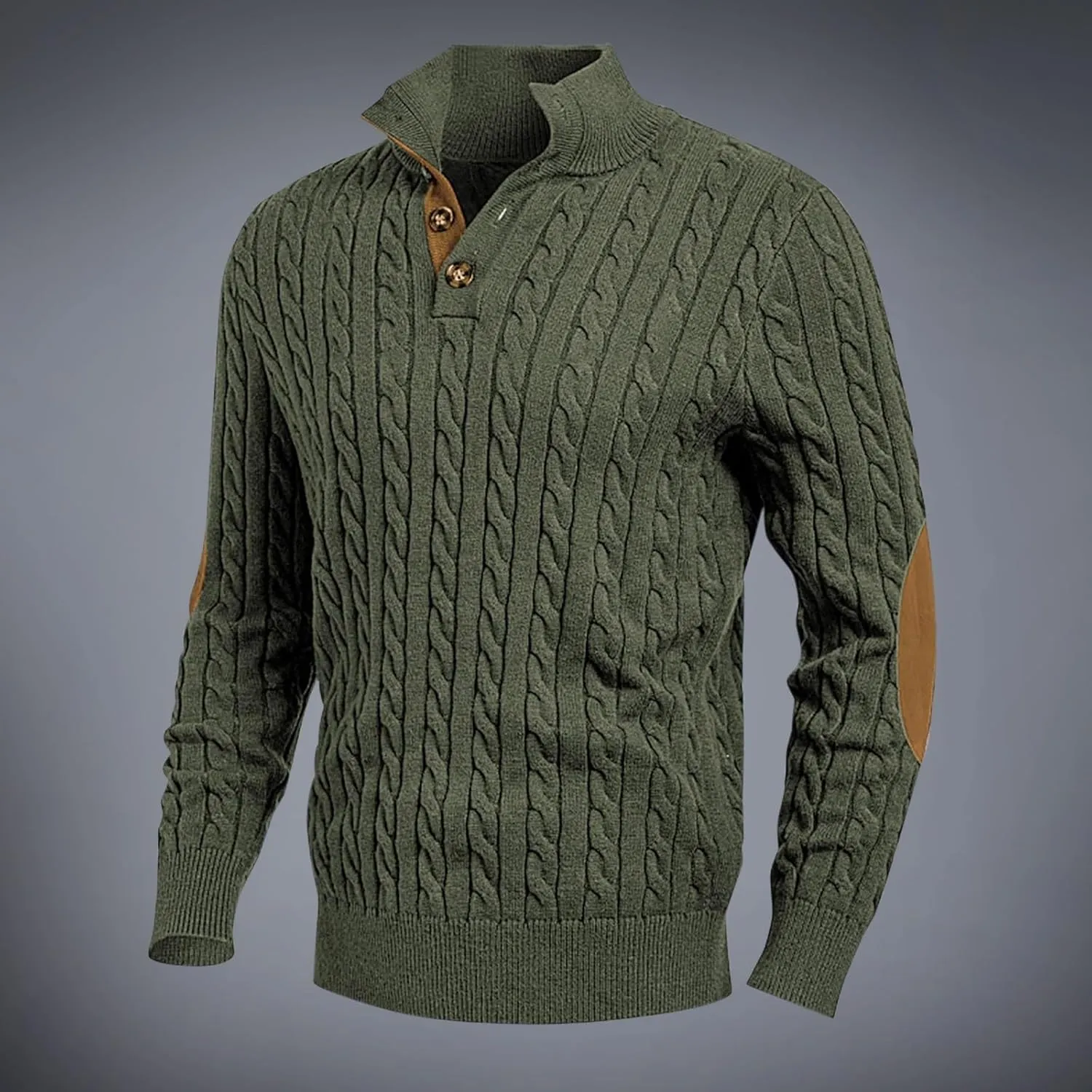 Mens Cable Knit Pullover Sweater Casual Stand Collar Button Long Sleeve Sweaters Twisted Crochet Warm Stitching Tops