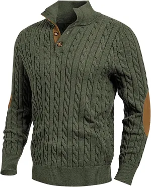 Mens Cable Knit Pullover Sweater Casual Stand Collar Button Long Sleeve Sweaters Twisted Crochet Warm Stitching Tops