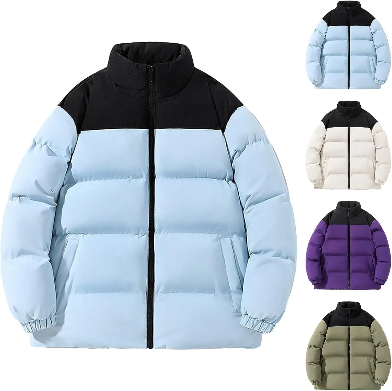 Mens Casual Puffer Coats Winter Thicken Full Zip Up Color Block Padded Jackets Stand Up Collar Windproof Down Coats