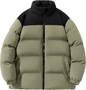 Mens Casual Puffer Coats Winter Thicken Full Zip Up Color Block Padded Jackets Stand Up Collar Windproof Down Coats