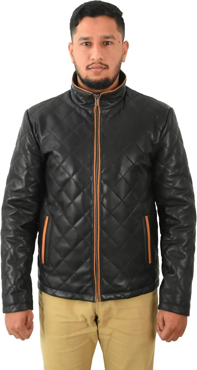Mens Diamond Quilted Padded Leather Jacket Black Classic Lambskin Fashion Jacket 5576