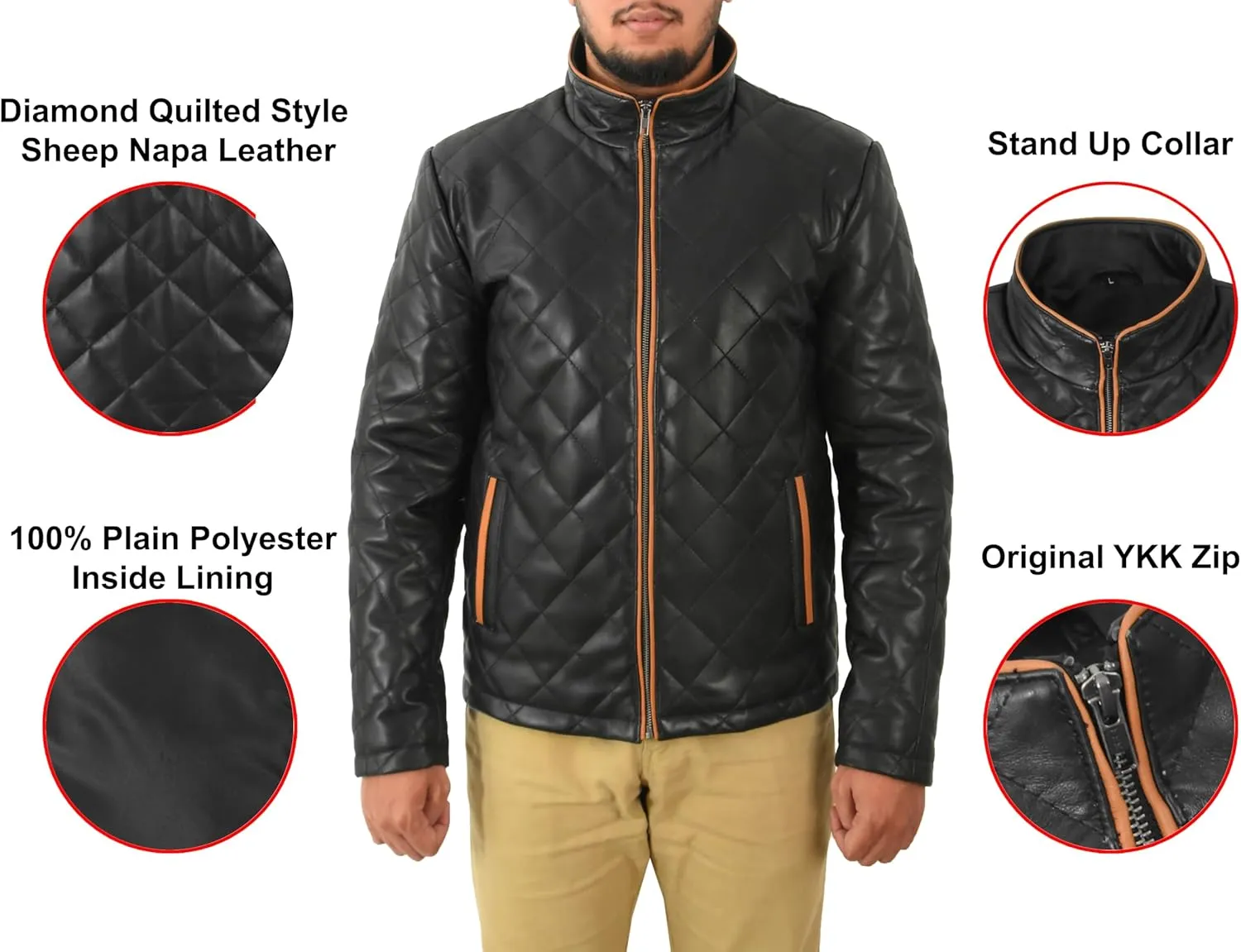 Mens Diamond Quilted Padded Leather Jacket Black Classic Lambskin Fashion Jacket 5576