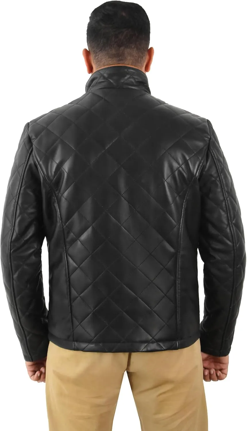 Mens Diamond Quilted Padded Leather Jacket Black Classic Lambskin Fashion Jacket 5576