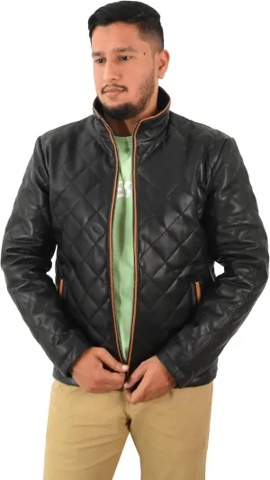 Mens Diamond Quilted Padded Leather Jacket Black Classic Lambskin Fashion Jacket 5576