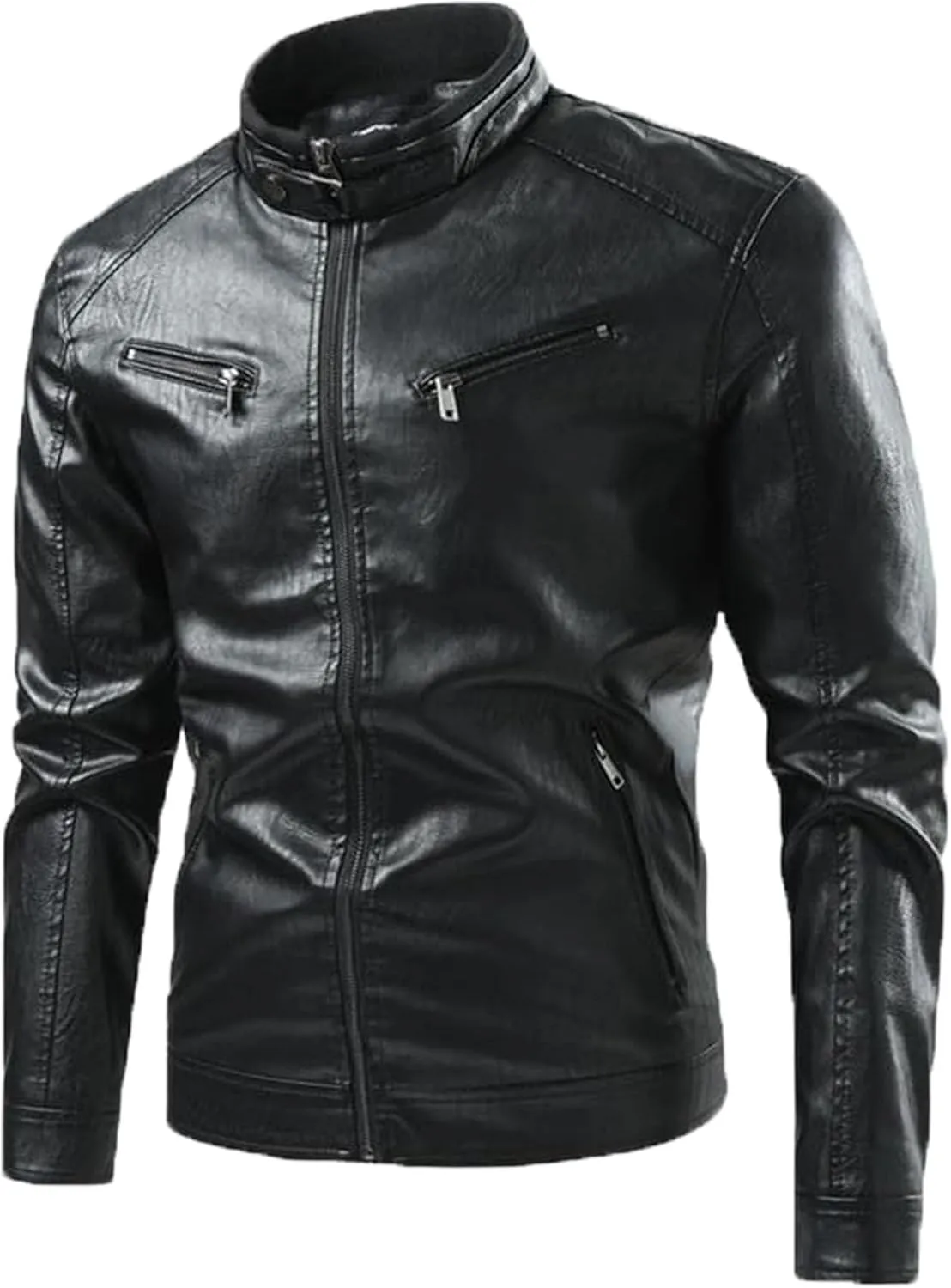 Men's Faux Zip-Up Slim Armor Leather Jacket Stand Collar PU Motorcycle Biker Outerwear Long Sleeve Coat Jackets