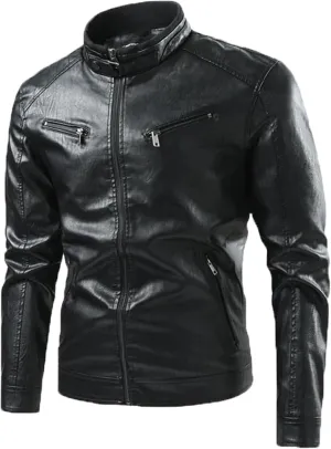 Men's Faux Zip-Up Slim Armor Leather Jacket Stand Collar PU Motorcycle Biker Outerwear Long Sleeve Coat Jackets