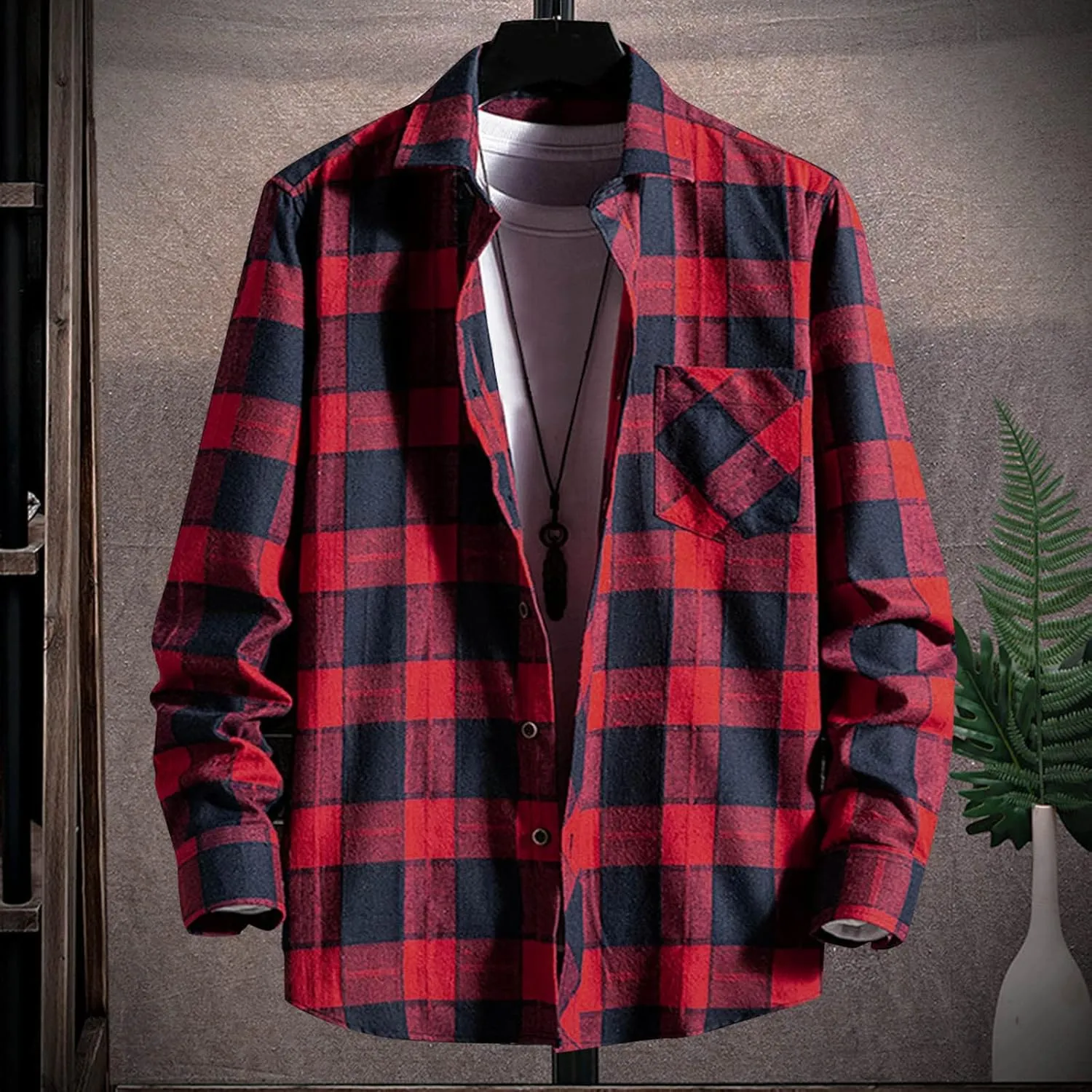 Men's Plaid Hooded Shirts Square Printing Lightweight Breathable Long Sleeve Lapel Men Plus Size Big&Tall Mens with