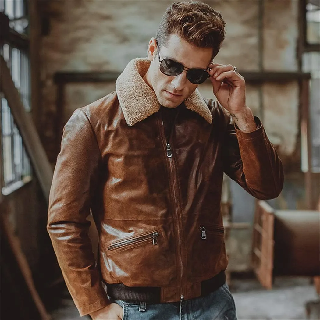 Men's Real Leather Jacket,Pigskin Genuine Leather Motorcycle Jacket,Air Force Flight Jackets Aviator Coat