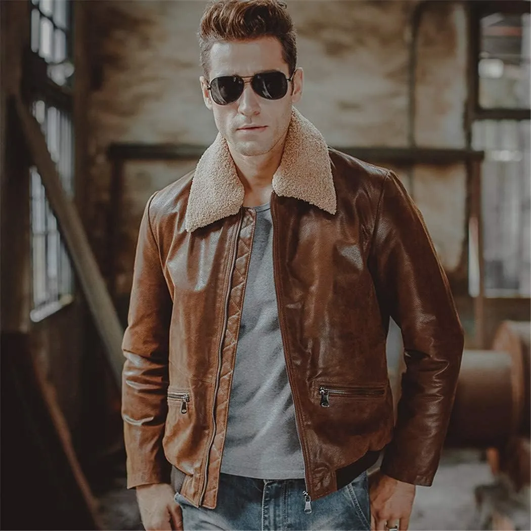 Men's Real Leather Jacket,Pigskin Genuine Leather Motorcycle Jacket,Air Force Flight Jackets Aviator Coat
