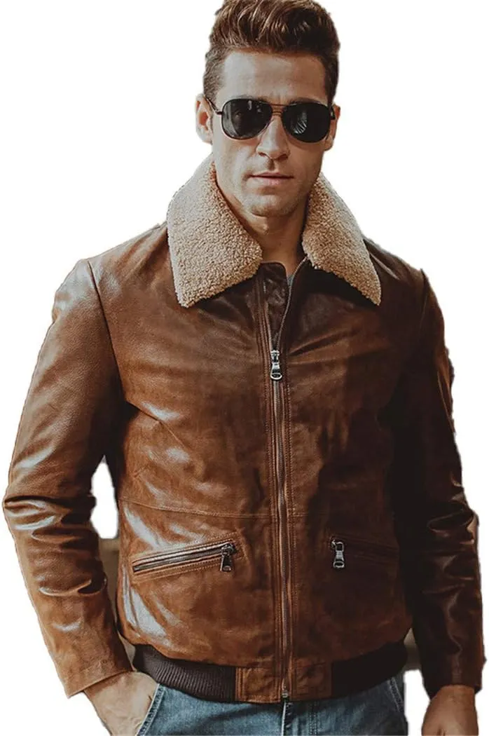 Men's Real Leather Jacket,Pigskin Genuine Leather Motorcycle Jacket,Air Force Flight Jackets Aviator Coat